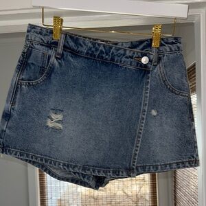 Endless Rose Denim Skort with Distressed Detail